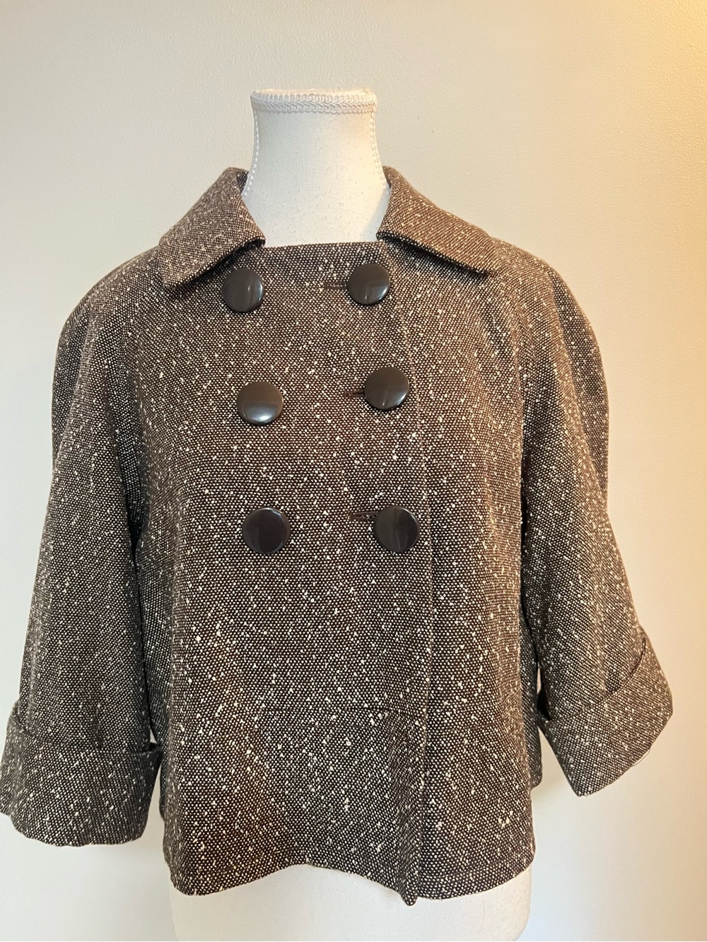 Sandro Brown Speckled Cropped Double-Breasted Peacoat